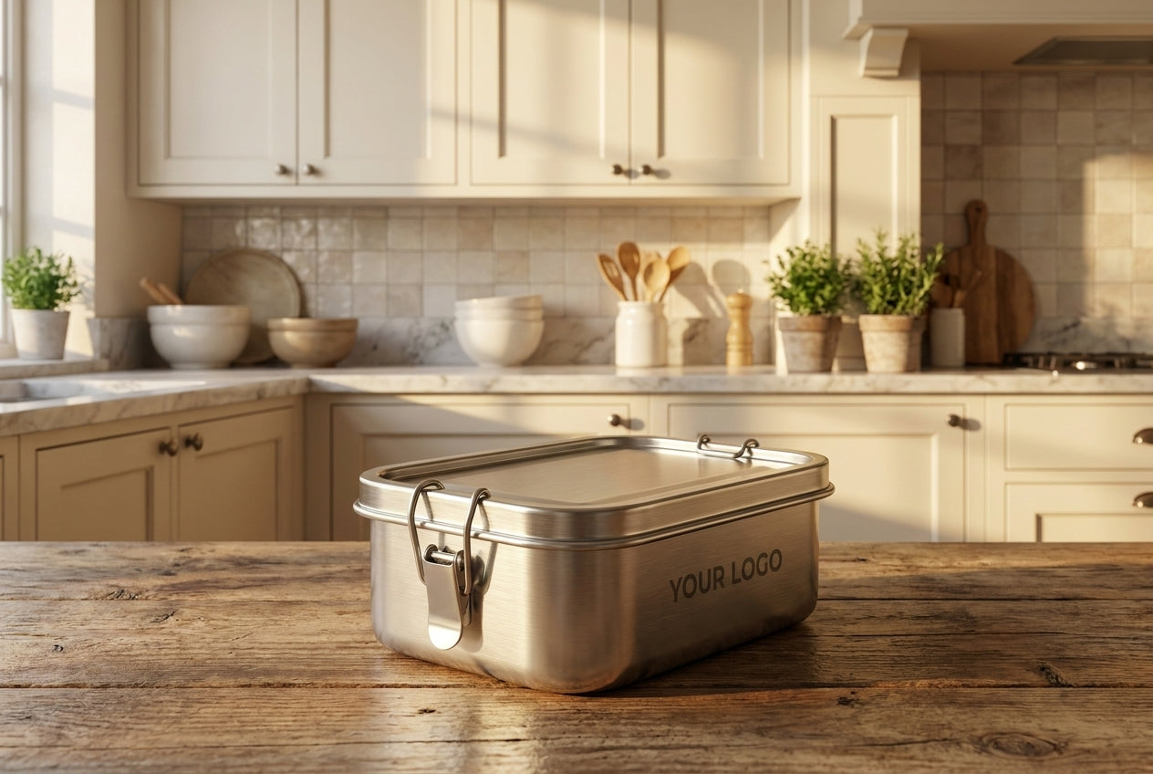 RVS lunchbox met gegraveerd logo in een lichte keuken, voor teams en bedrijven