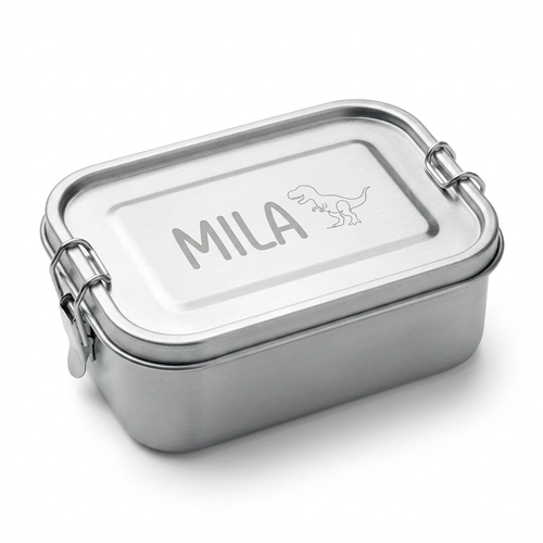 RVS lunchbox met gegraveerde naam Mila en dino op de deksel