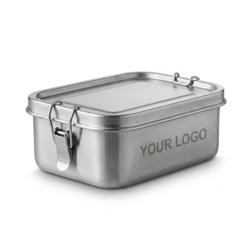 RVS lunchbox met eigen logo gegraveerd op witte achtergrond